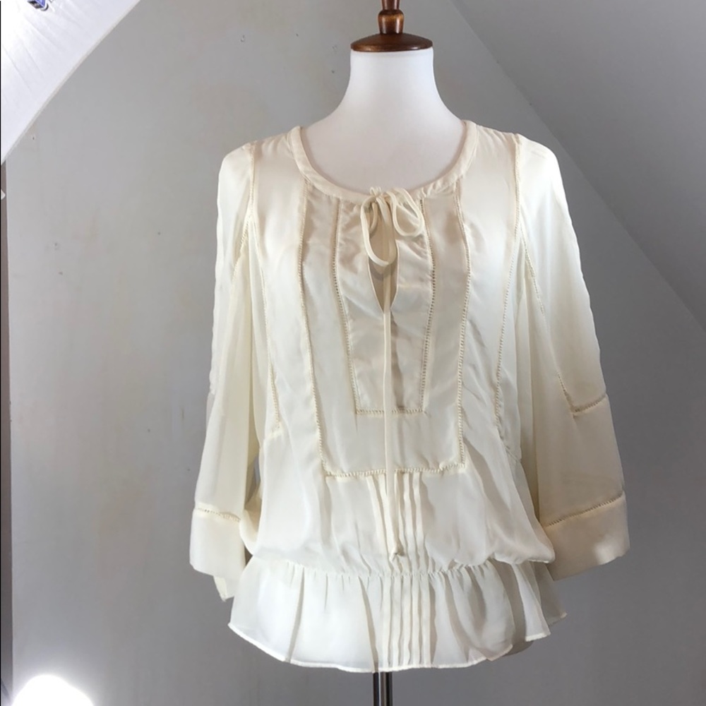 Blouson top, peplum. semi sheer, tie, full sleeves